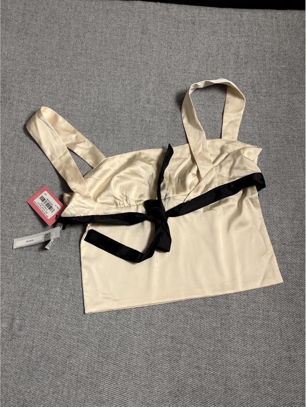 Cream Satin Tie-Front Crop Top with Black Ribbon Trim NWT